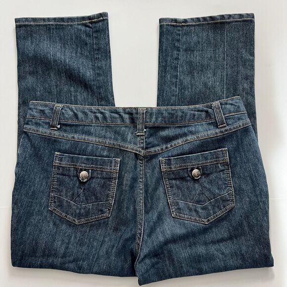 One 5 One Authentic Denim Dark Wash Blue Mid-Rise Bootcut Capri Jeans 14 - Picture 3 of 5